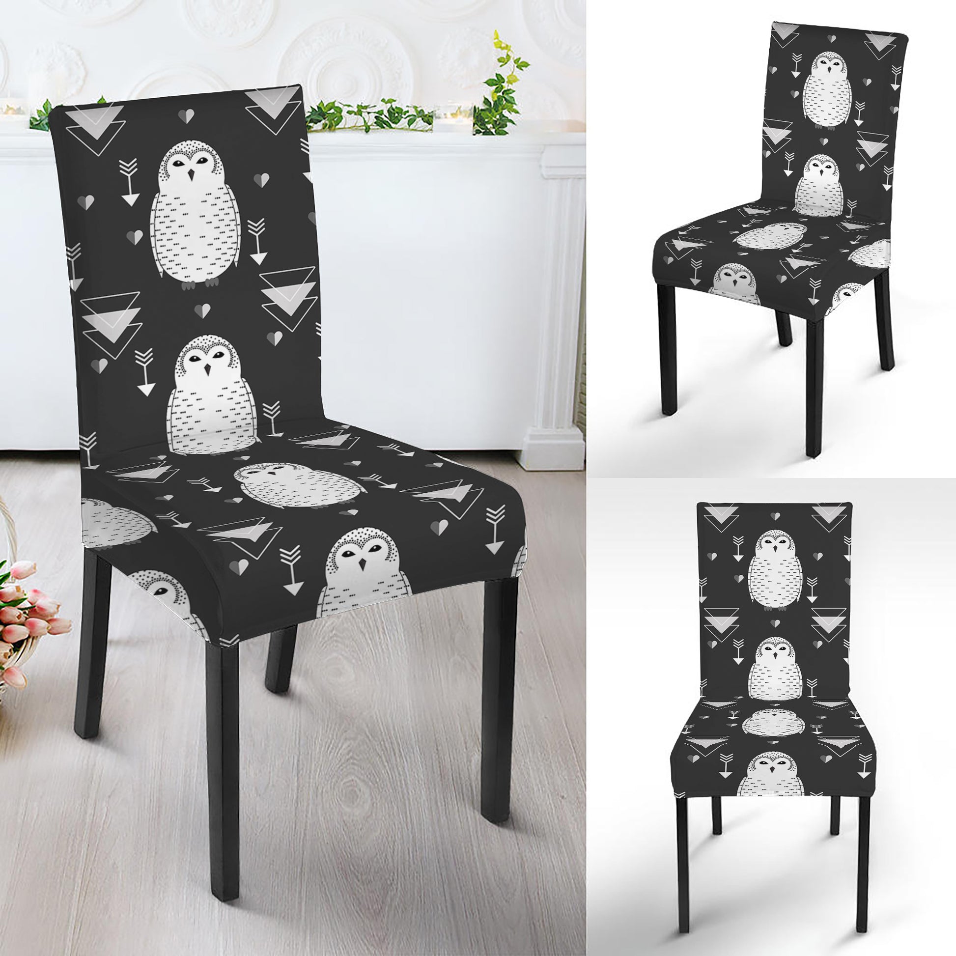 Cute White And Grey Owl Pattern Print Dining Chair Slipcover