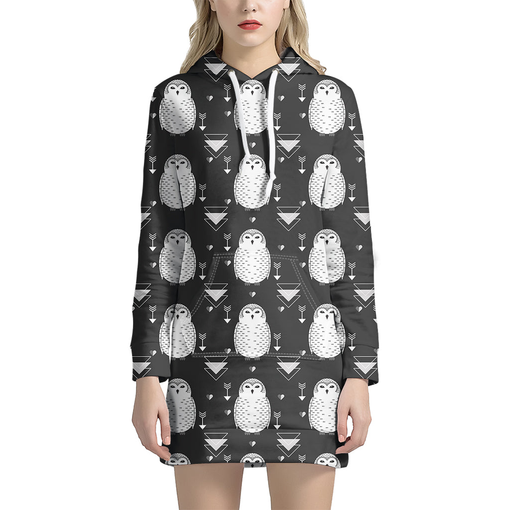 Cute White And Grey Owl Pattern Print Hoodie Dress