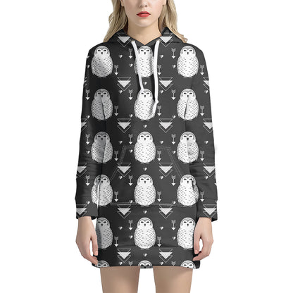 Cute White And Grey Owl Pattern Print Hoodie Dress