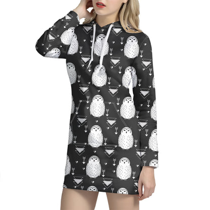Cute White And Grey Owl Pattern Print Hoodie Dress