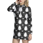Cute White And Grey Owl Pattern Print Hoodie Dress