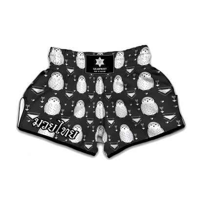 Cute White And Grey Owl Pattern Print Muay Thai Boxing Shorts