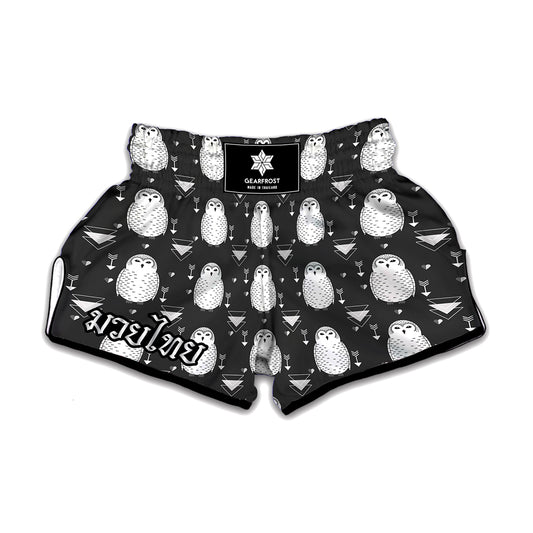 Cute White And Grey Owl Pattern Print Muay Thai Boxing Shorts