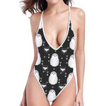 Cute White And Grey Owl Pattern Print One Piece High Cut Swimsuit