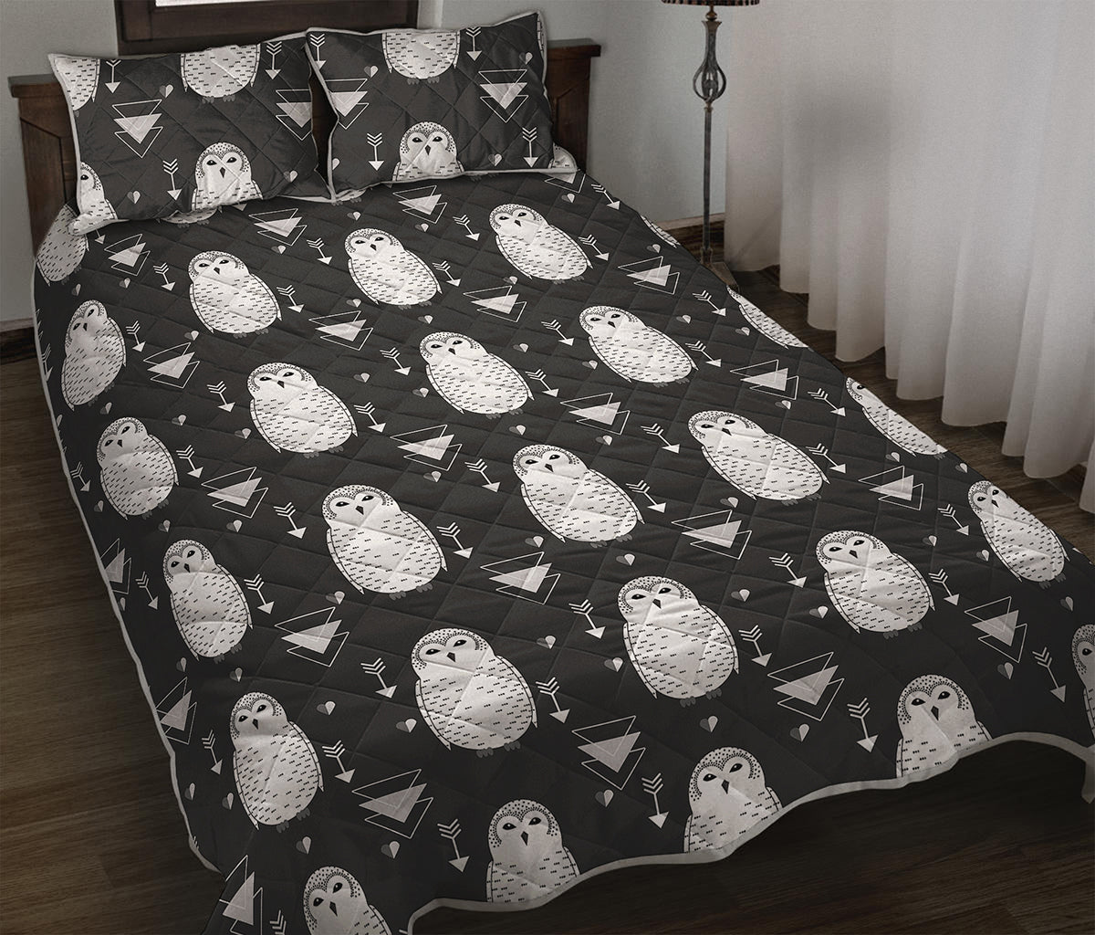 Cute White And Grey Owl Pattern Print Quilt Bed Set