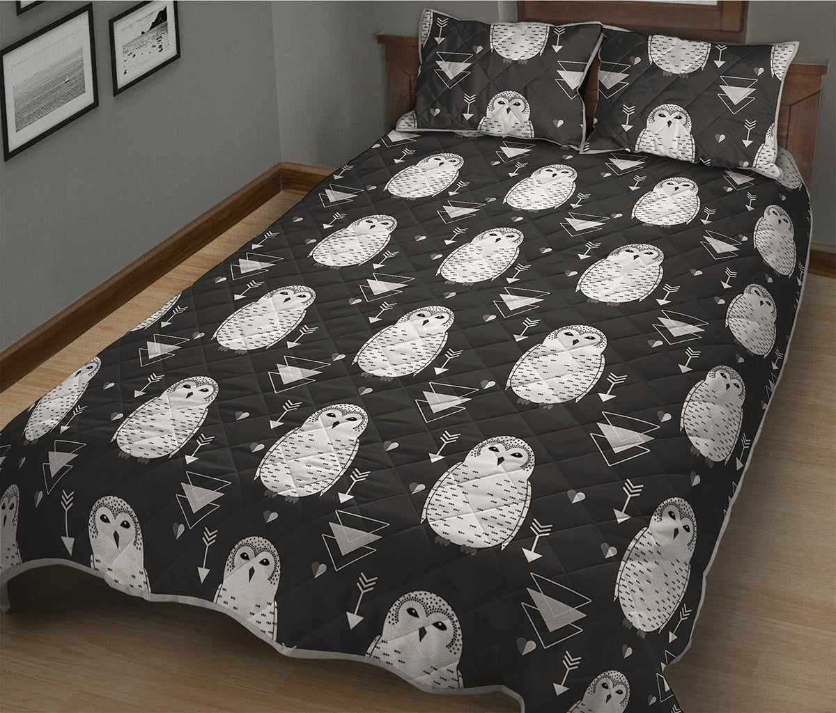 Cute White And Grey Owl Pattern Print Quilt Bed Set