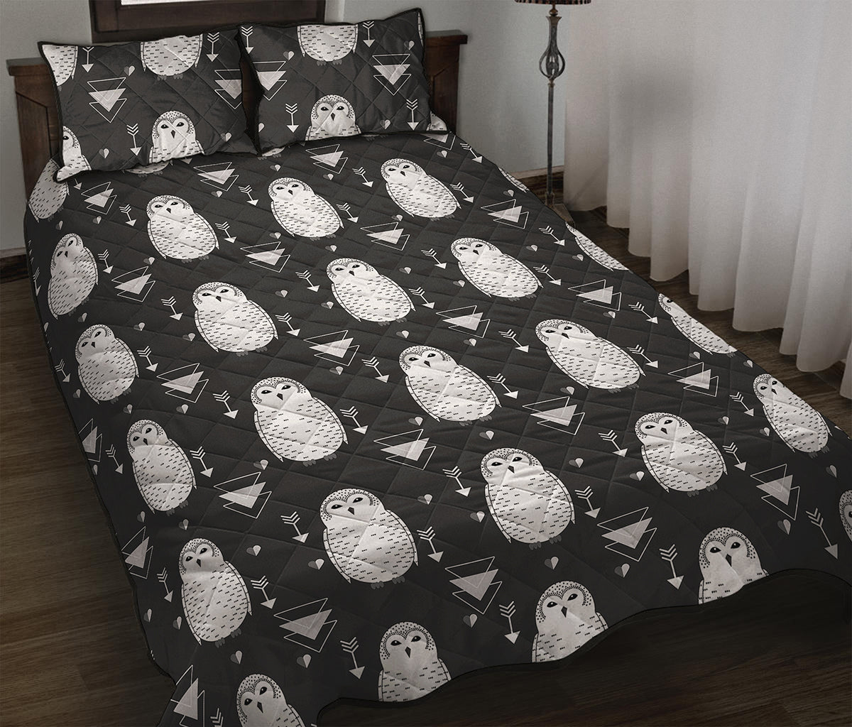 Cute White And Grey Owl Pattern Print Quilt Bed Set