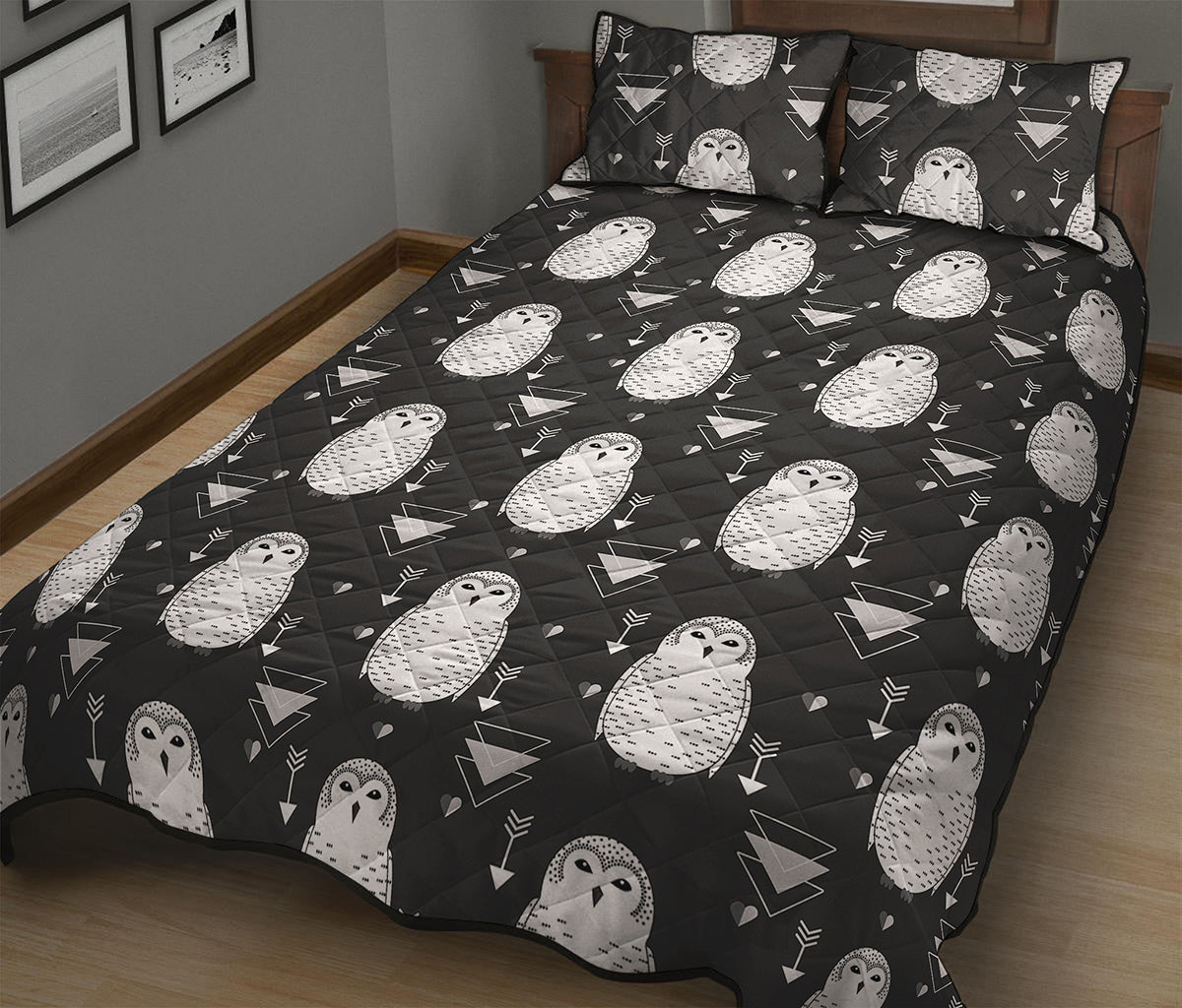 Cute White And Grey Owl Pattern Print Quilt Bed Set