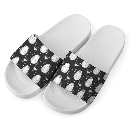 Cute White And Grey Owl Pattern Print White Slide Sandals