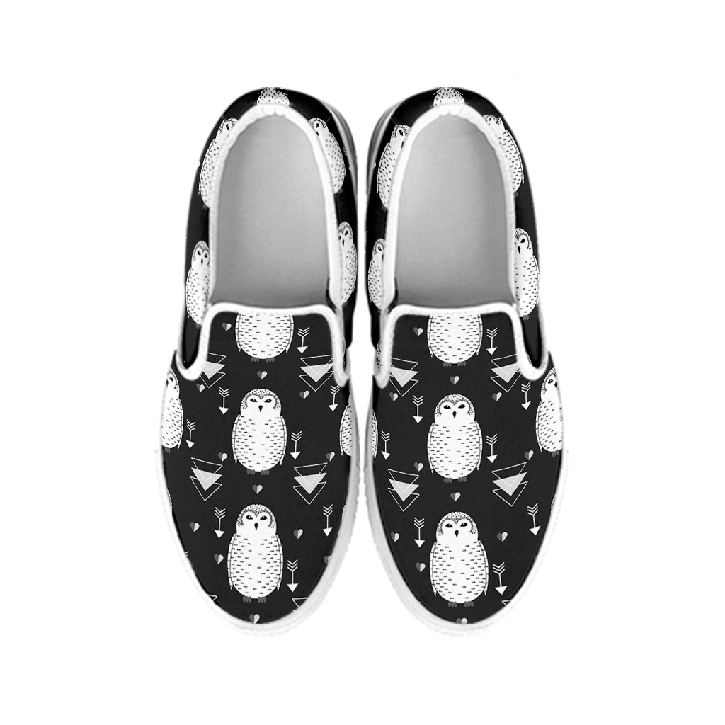 Cute White And Grey Owl Pattern Print White Slip On Shoes