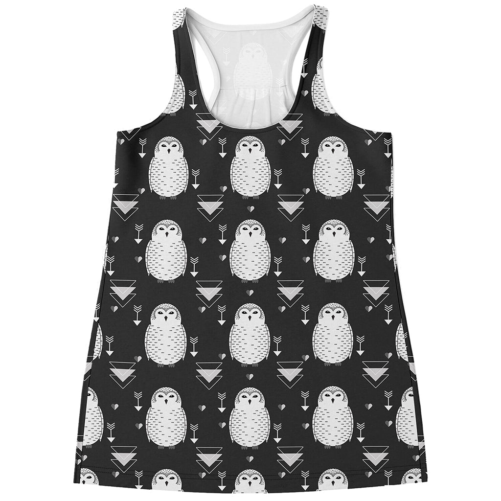 Cute White And Grey Owl Pattern Print Women's Racerback Tank Top