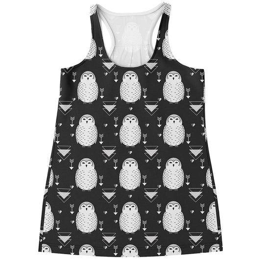 Cute White And Grey Owl Pattern Print Women's Racerback Tank Top