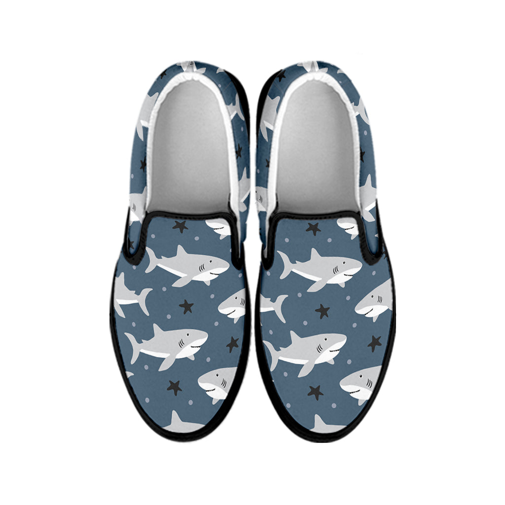 Cute White Shark Pattern Print Black Slip On Shoes