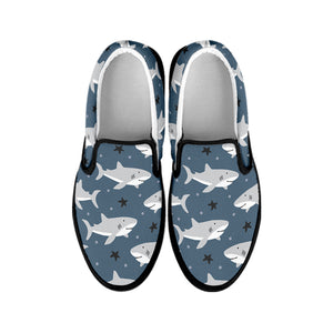 Cute White Shark Pattern Print Black Slip On Shoes