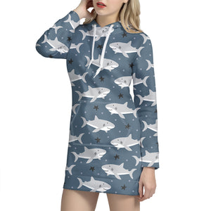 Cute White Shark Pattern Print Hoodie Dress