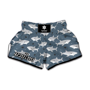 Cute White Shark Pattern Print Muay Thai Boxing Shorts