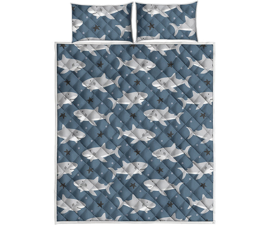 Cute White Shark Pattern Print Quilt Bed Set