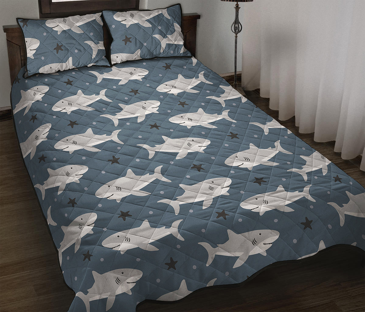Cute White Shark Pattern Print Quilt Bed Set