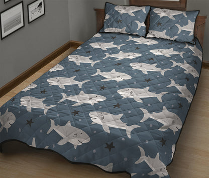 Cute White Shark Pattern Print Quilt Bed Set