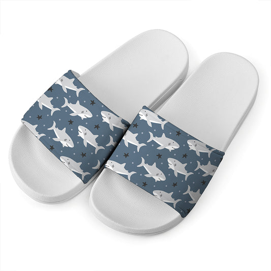 Cute White Shark Pattern Print White Slide Sandals