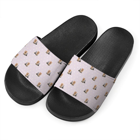 Cute Yorkshire Terrier Pattern Print Black Slide Sandals