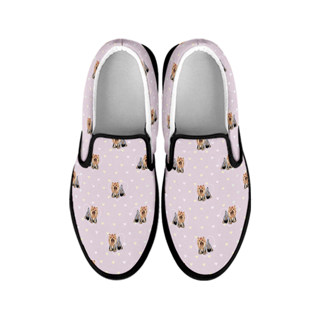 Cute Yorkshire Terrier Pattern Print Black Slip On Shoes
