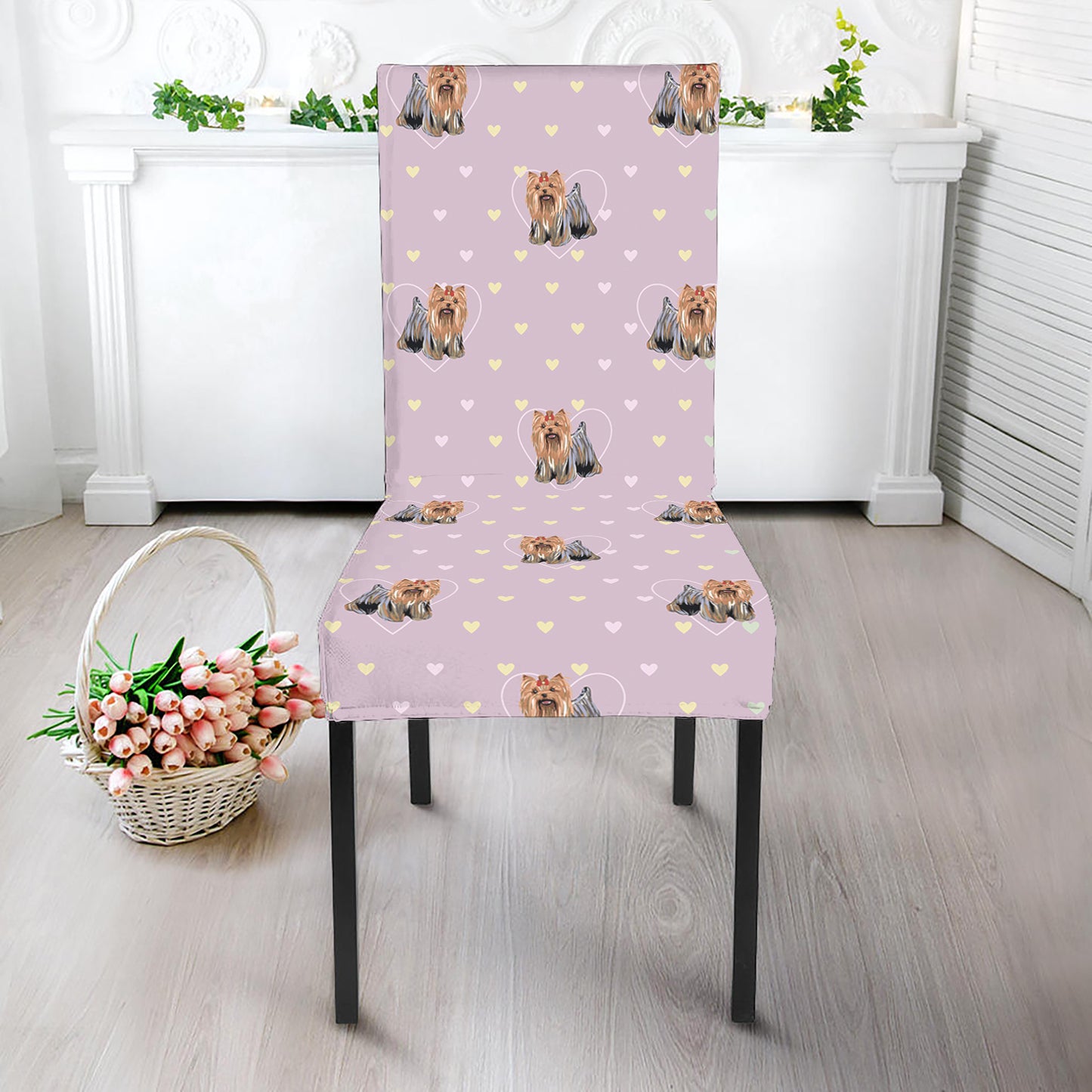 Cute Yorkshire Terrier Pattern Print Dining Chair Slipcover