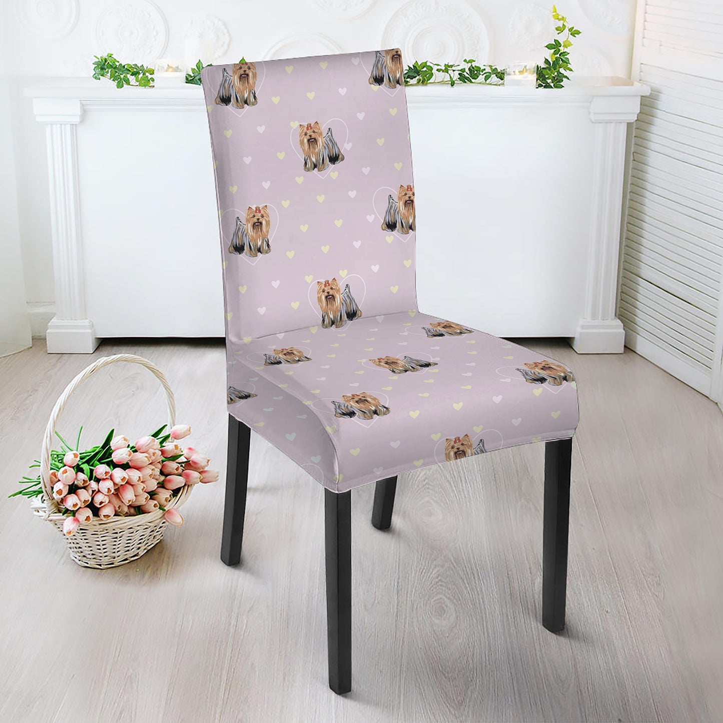 Cute Yorkshire Terrier Pattern Print Dining Chair Slipcover