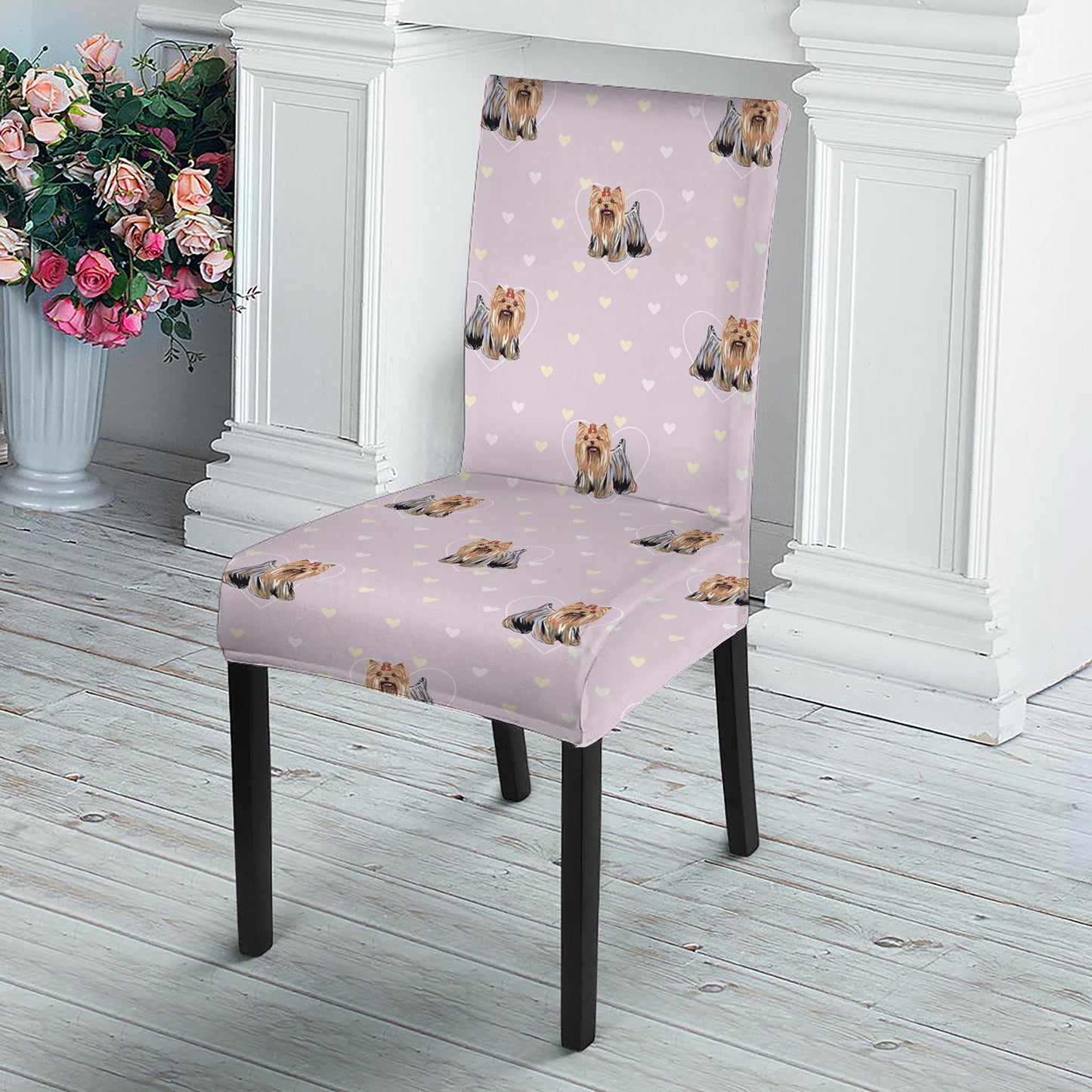 Cute Yorkshire Terrier Pattern Print Dining Chair Slipcover