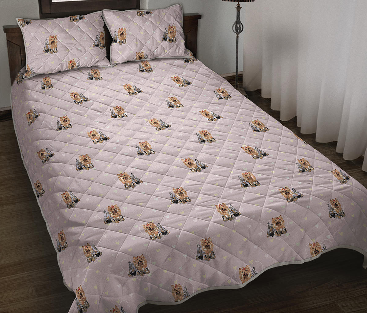 Cute Yorkshire Terrier Pattern Print Quilt Bed Set