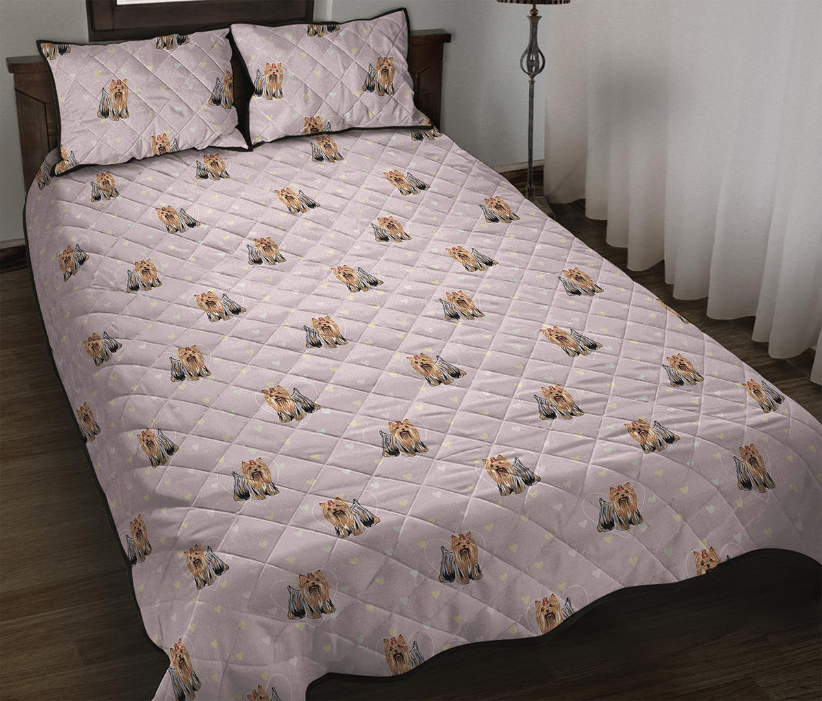 Cute Yorkshire Terrier Pattern Print Quilt Bed Set