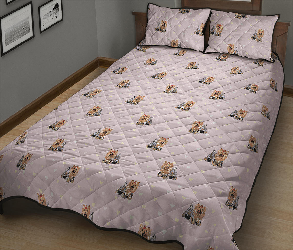 Cute Yorkshire Terrier Pattern Print Quilt Bed Set