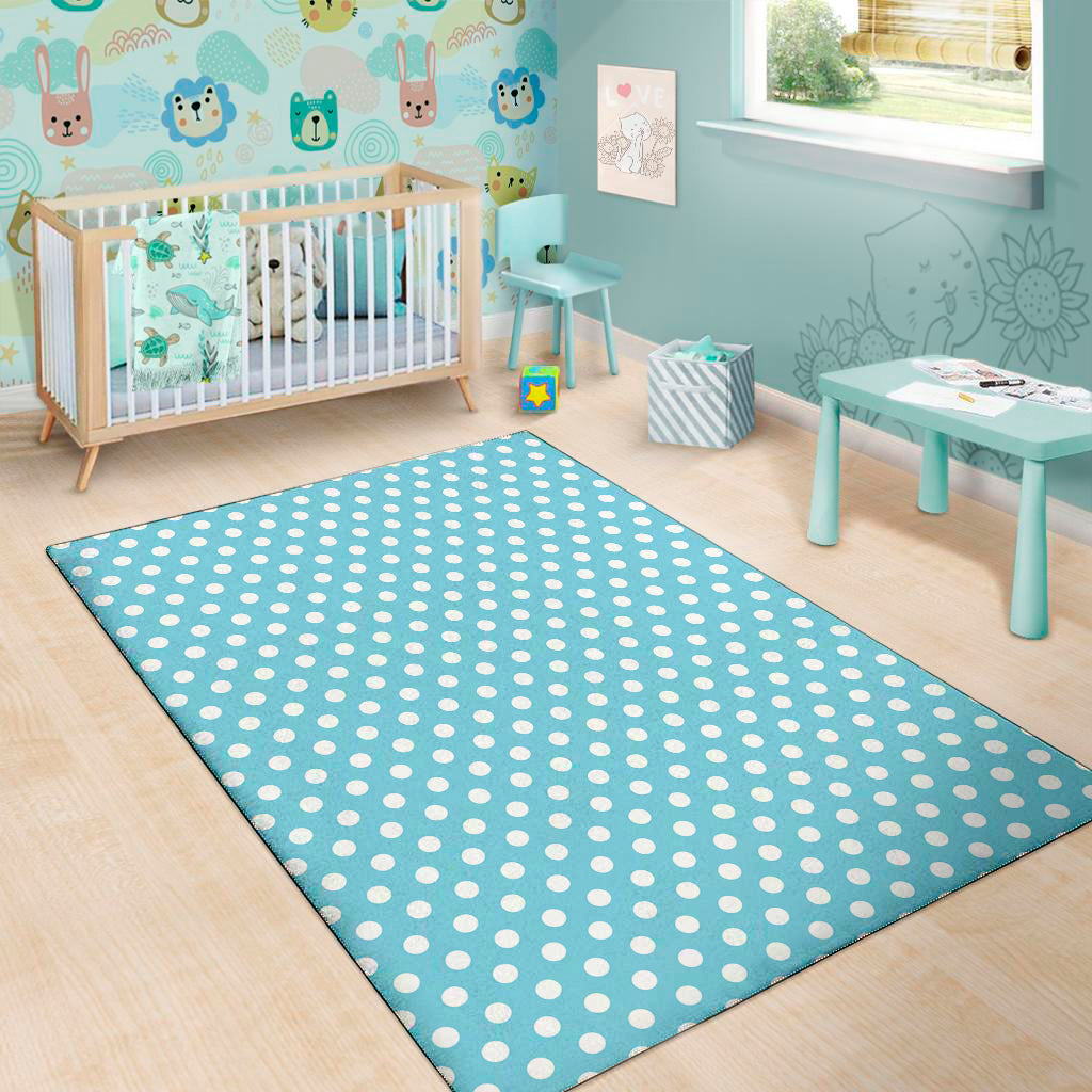 Cyan And White Polka Dot Pattern Print Area Rug