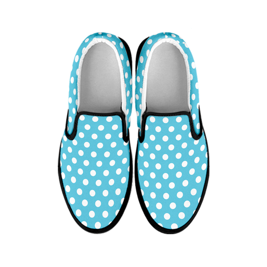 Cyan And White Polka Dot Pattern Print Black Slip On Shoes