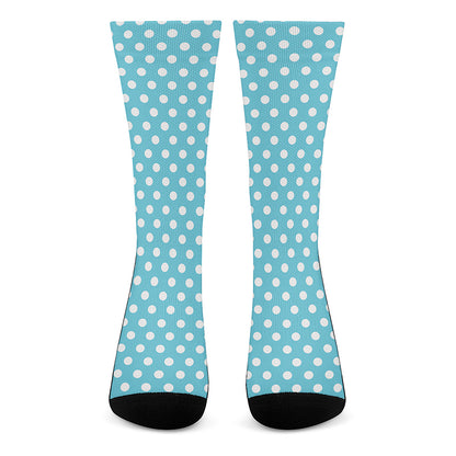 Cyan And White Polka Dot Pattern Print Crew Socks