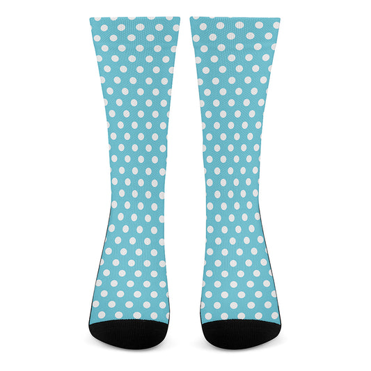 Cyan And White Polka Dot Pattern Print Crew Socks