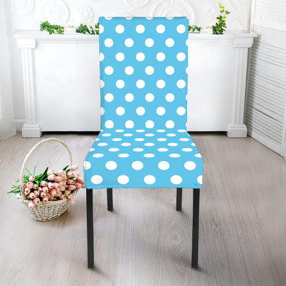 Cyan And White Polka Dot Pattern Print Dining Chair Slipcover