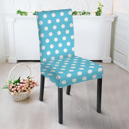 Cyan And White Polka Dot Pattern Print Dining Chair Slipcover