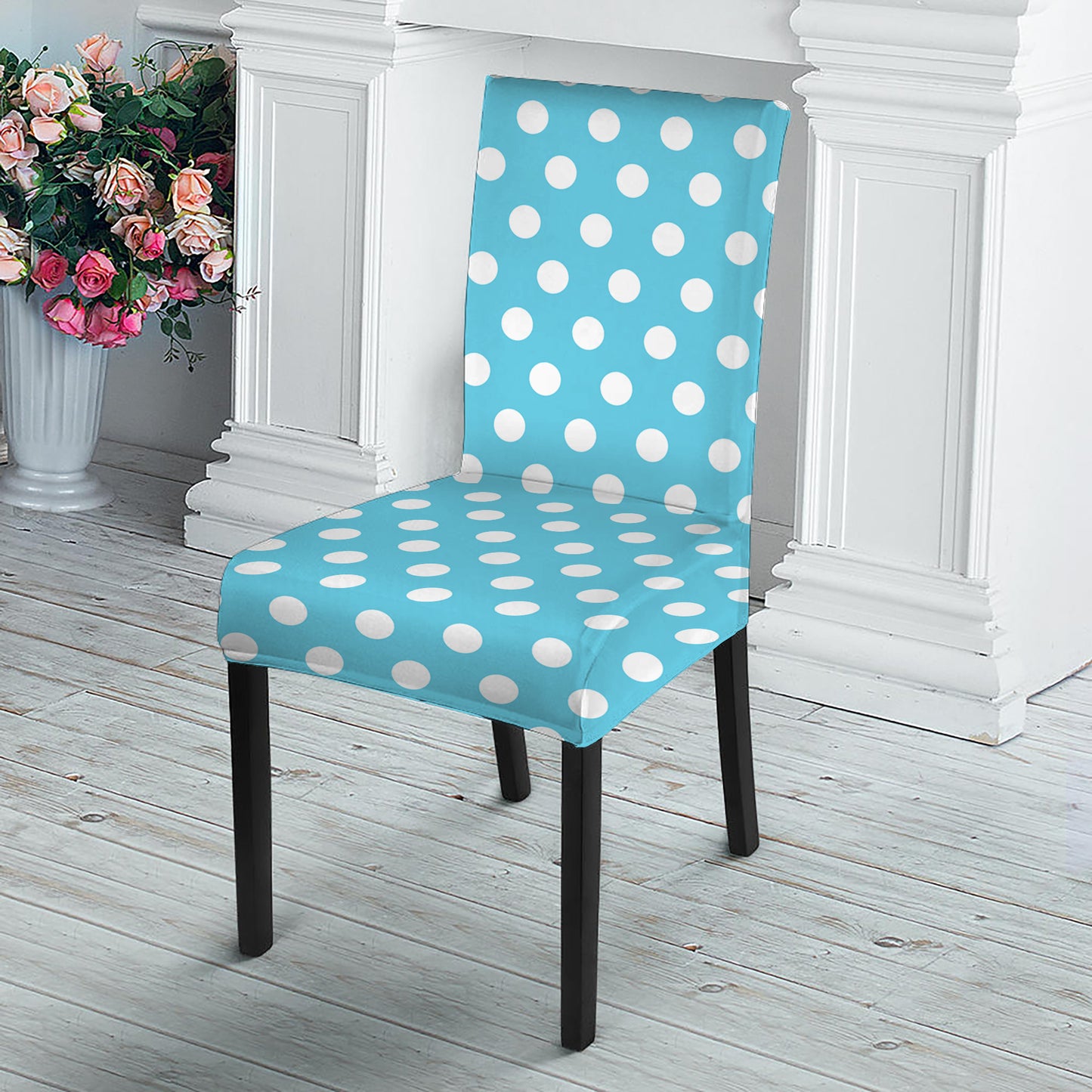 Cyan And White Polka Dot Pattern Print Dining Chair Slipcover