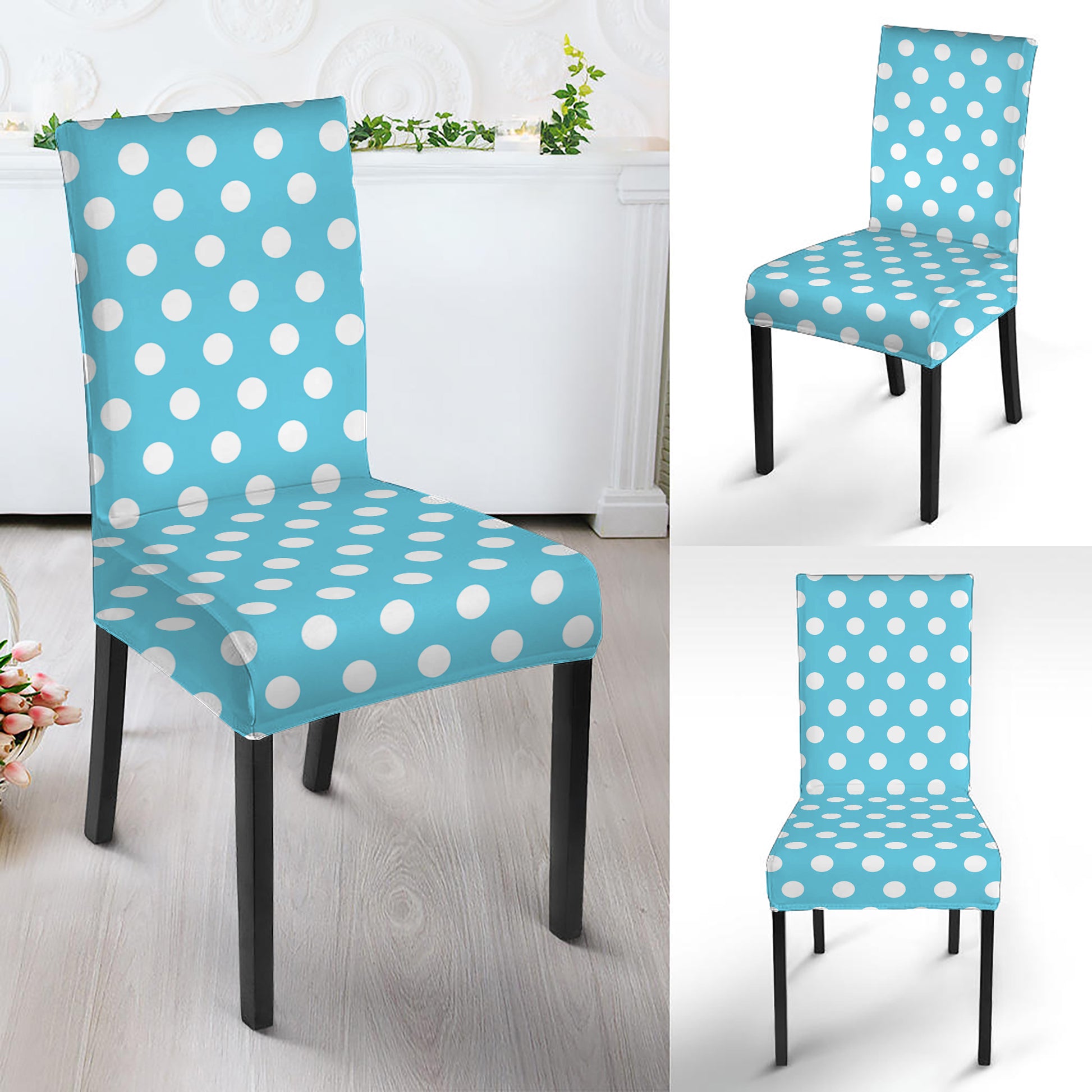 Cyan And White Polka Dot Pattern Print Dining Chair Slipcover
