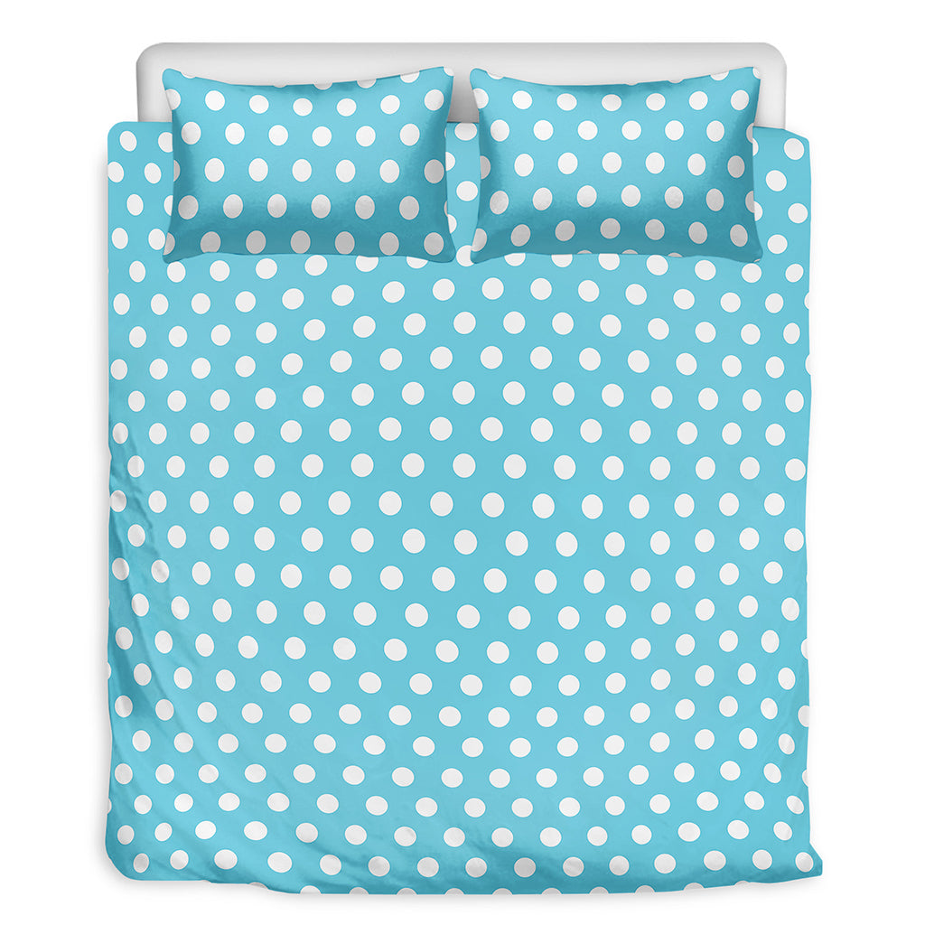 Cyan And White Polka Dot Pattern Print Duvet Cover Bedding Set