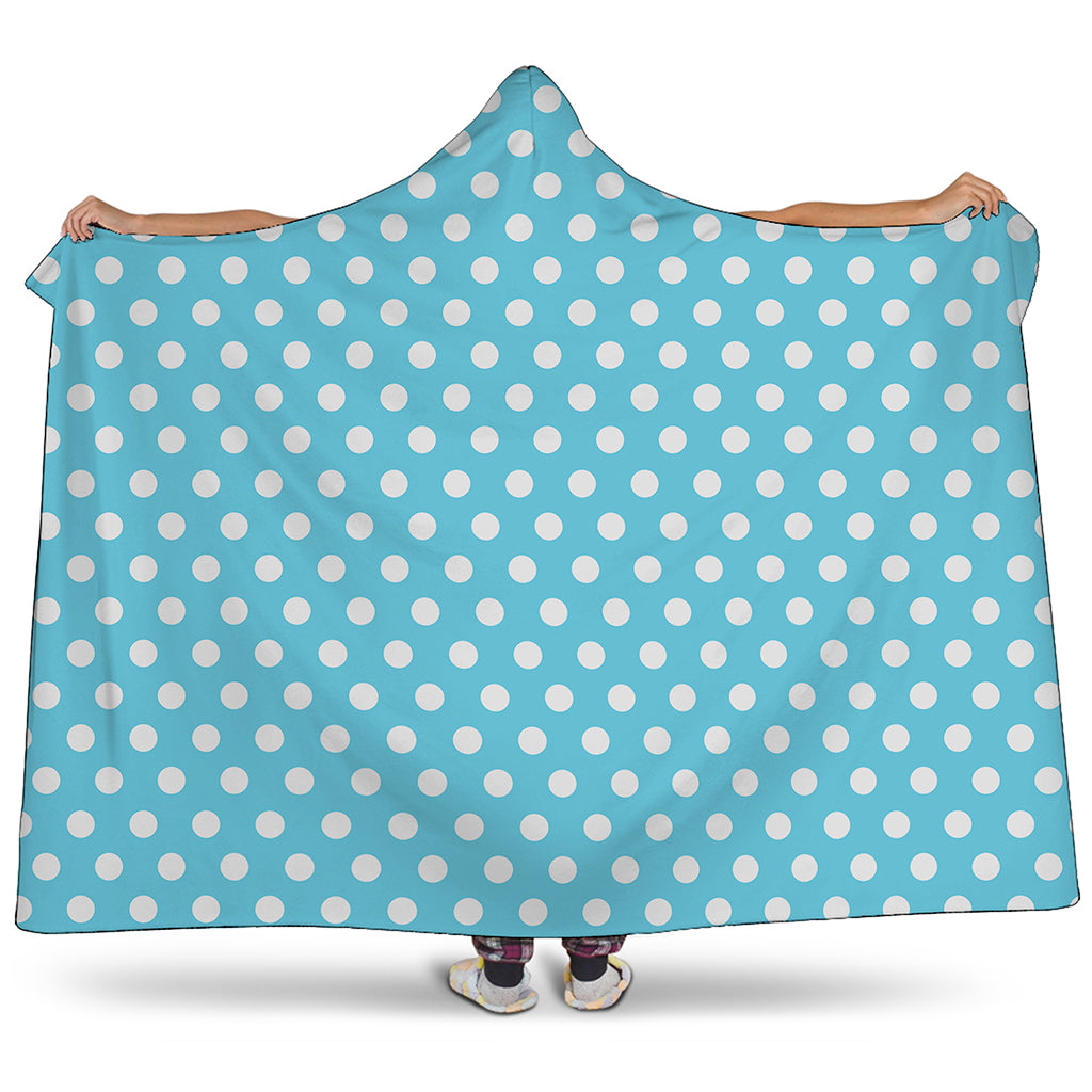 Cyan And White Polka Dot Pattern Print Hooded Blanket