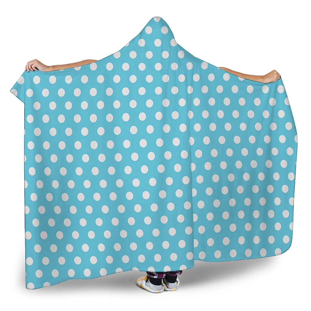 Cyan And White Polka Dot Pattern Print Hooded Blanket