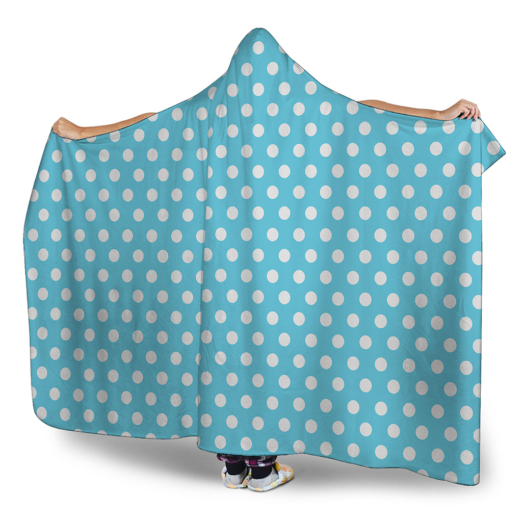 Cyan And White Polka Dot Pattern Print Hooded Blanket