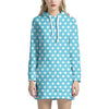 Cyan And White Polka Dot Pattern Print Hoodie Dress