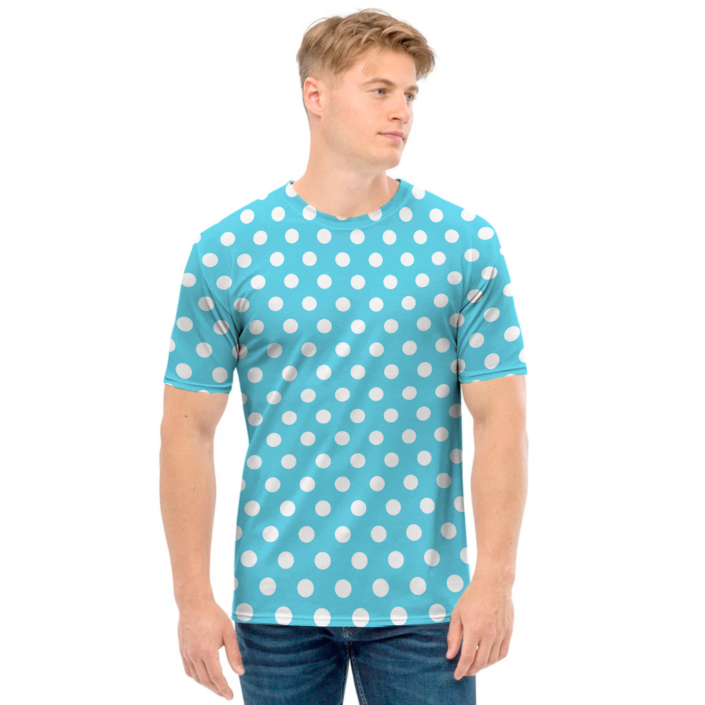 Cyan And White Polka Dot Pattern Print Men's T-Shirt