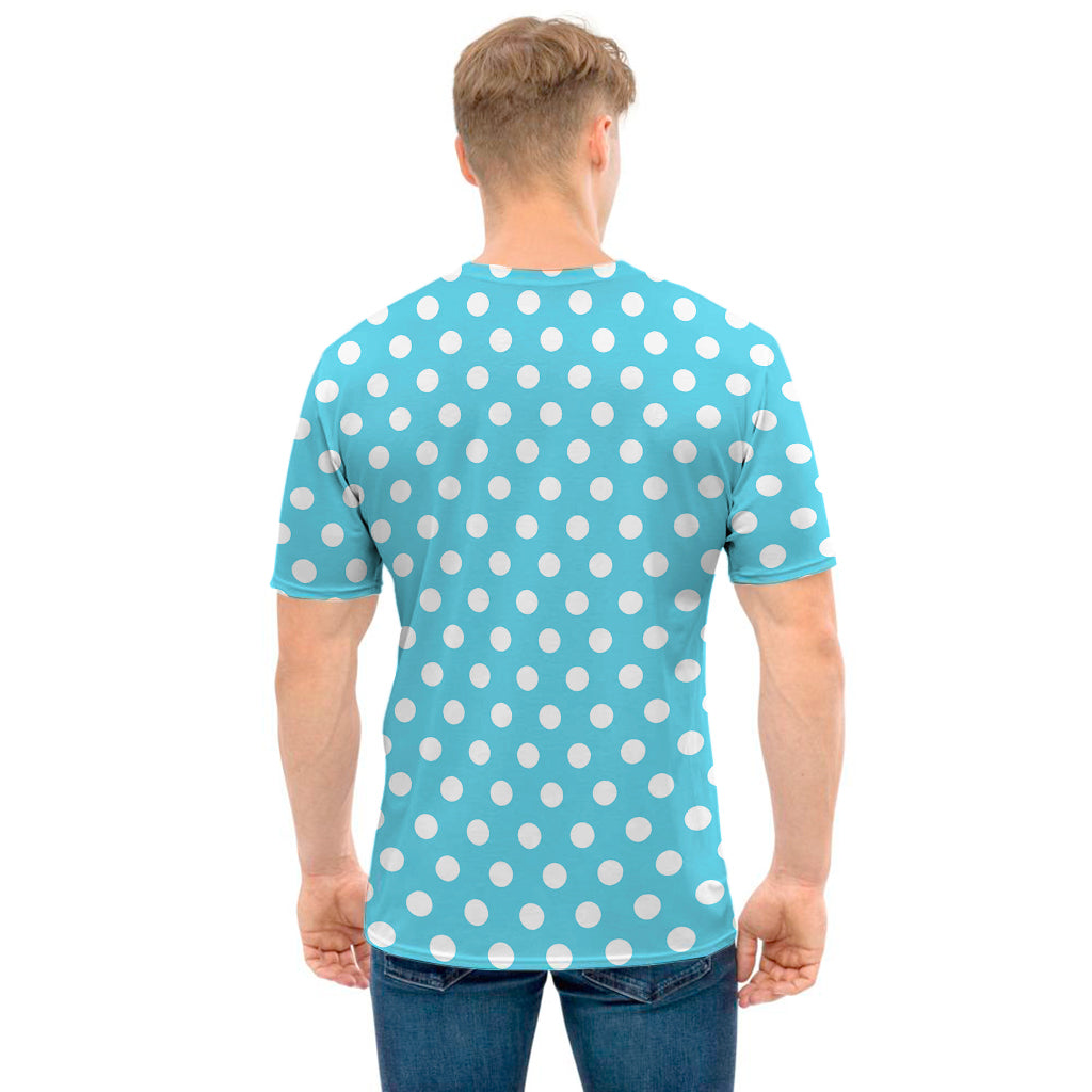 Cyan And White Polka Dot Pattern Print Men's T-Shirt