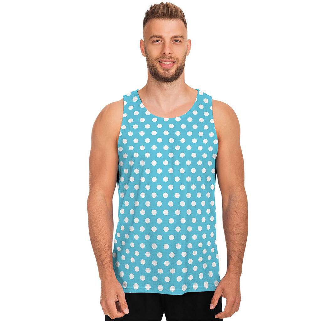 Cyan And White Polka Dot Pattern Print Men's Tank Top