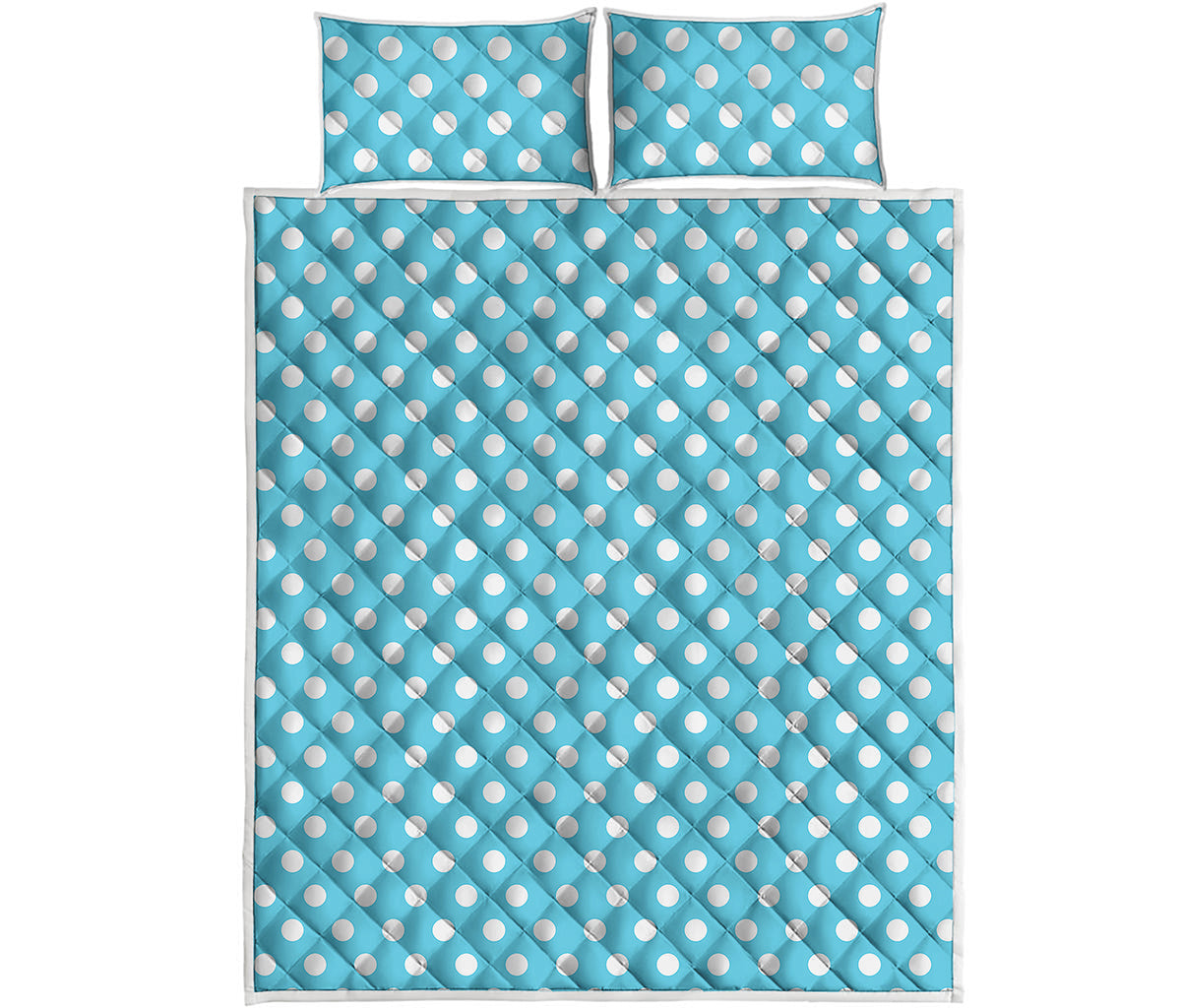 Cyan And White Polka Dot Pattern Print Quilt Bed Set