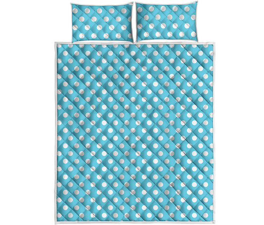 Cyan And White Polka Dot Pattern Print Quilt Bed Set
